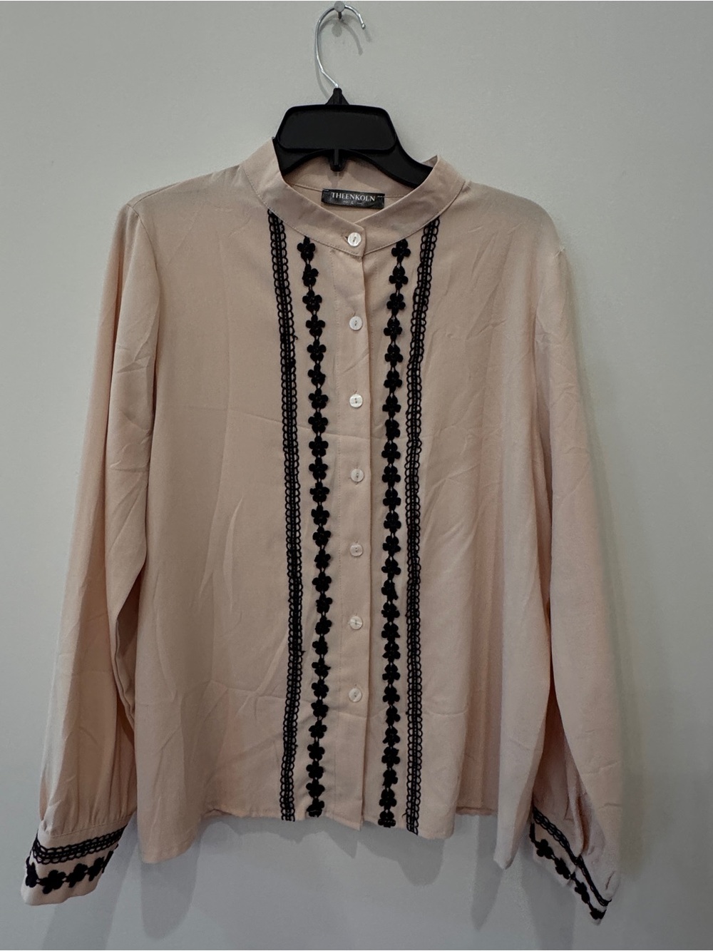 Amazon Blush Pink Button-Front Blouse with Black Trim
